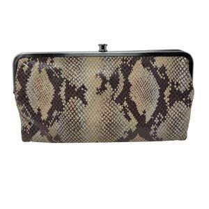 Hobo Lauren‎ Leather Snake Clutch Wallet Frame Snap Closure Evening Bag Beige